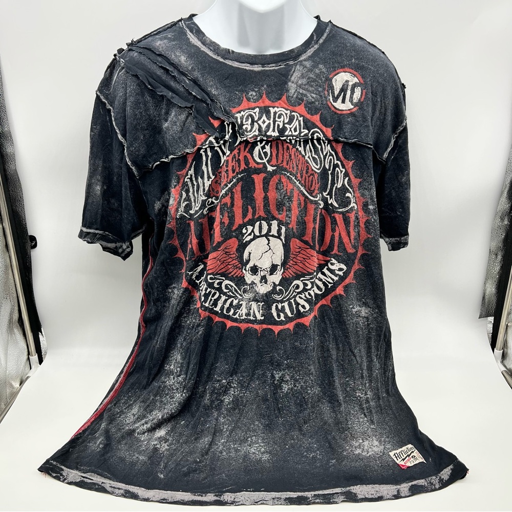 Affliction Black w/Red & White Print Graphic Short Sleeve Tee w/Skull Design-3XL